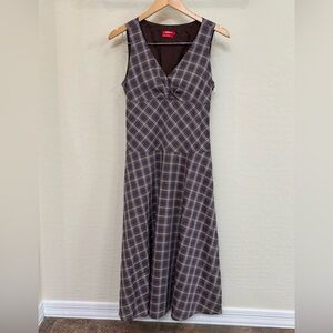 Dorothee Bis Plaid V-Neck Cotton Sleveless Midi Dress in Brown & Blue